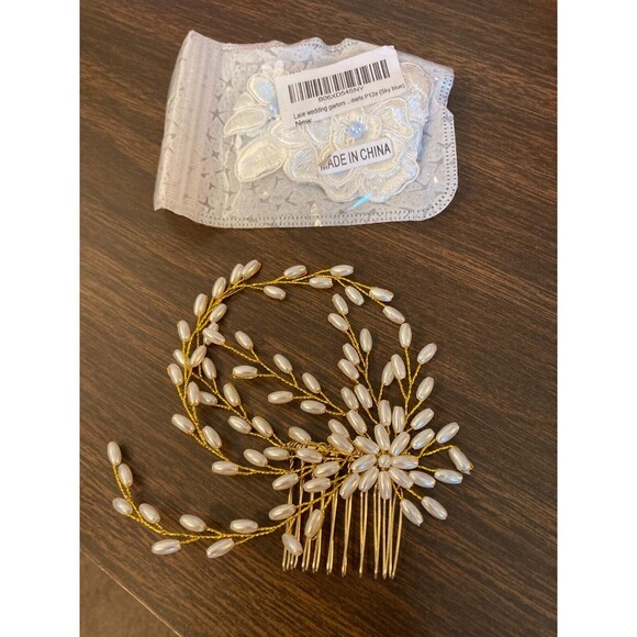 Accessories - Bridal Accessories - New Garter w/ Sky Blue Details and Pearl/Gold Colored Comb